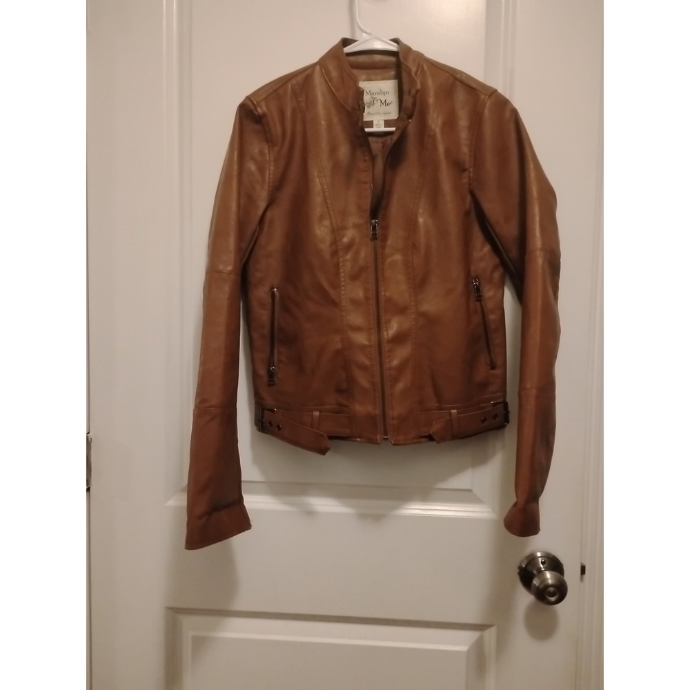 Maralyn & Me Womens Faux Leather Moto Biker Jacket Cognac Brown Size Small